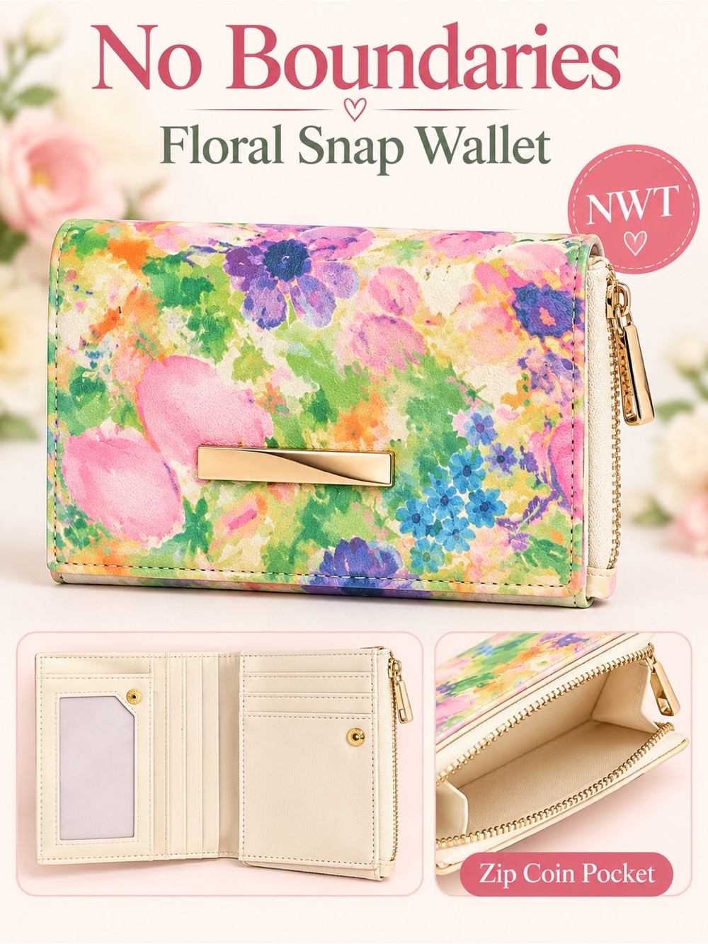 No Boundaries Floral Snap Wallet Zip Coin Pocket Multicolor NWT